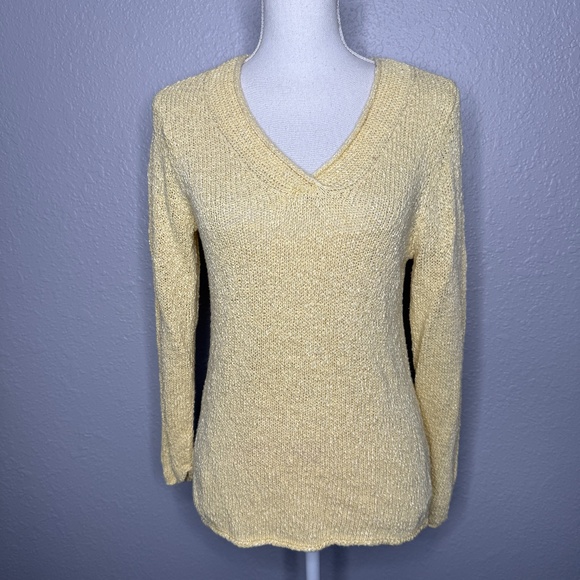 Eileen Fisher Sweaters - Eileen Fisher Yellow Open Knit Linen Blend V Neck Pullover Sweater